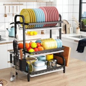 Alternative view of Cyfaza 3-Tier Metal Dish Drying Rack with Utensil Holder (Black)