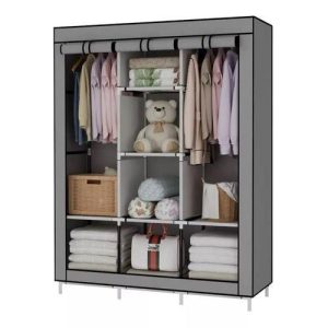 Nice One GY-28 - 3 Column Portable Fabric Cloth Wardrobe – 8 Shelves & Hanging Section - Gray Cover